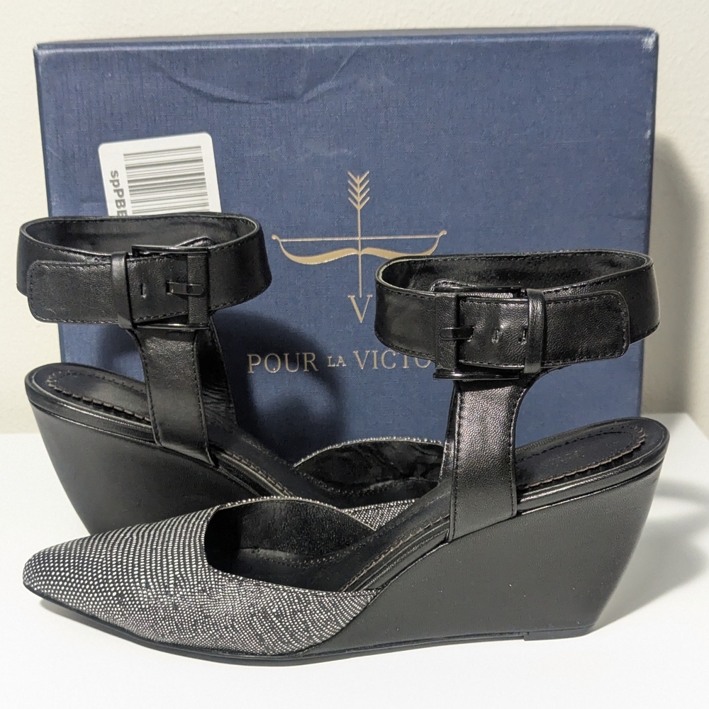 Pour La Victoire Minot Ankle Strap Leather Pointed Wedge Pumps Size 8